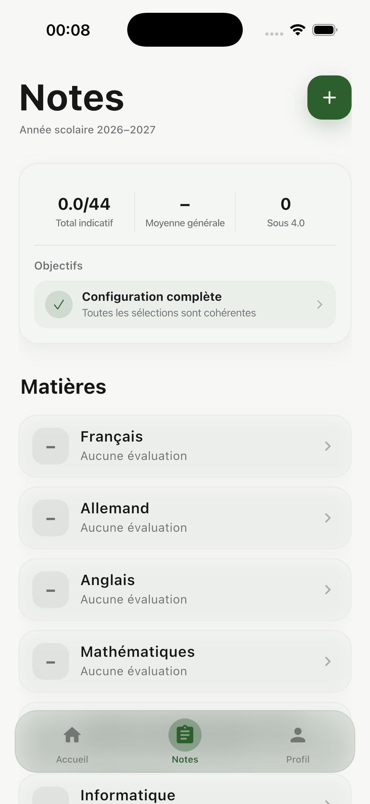Écran des notes de MyNotes ECG