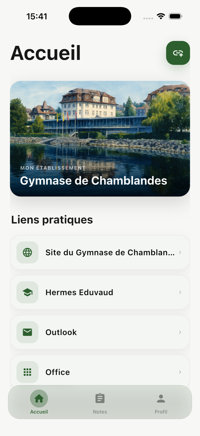 Accueil de MyNotes avec la situation scolaire