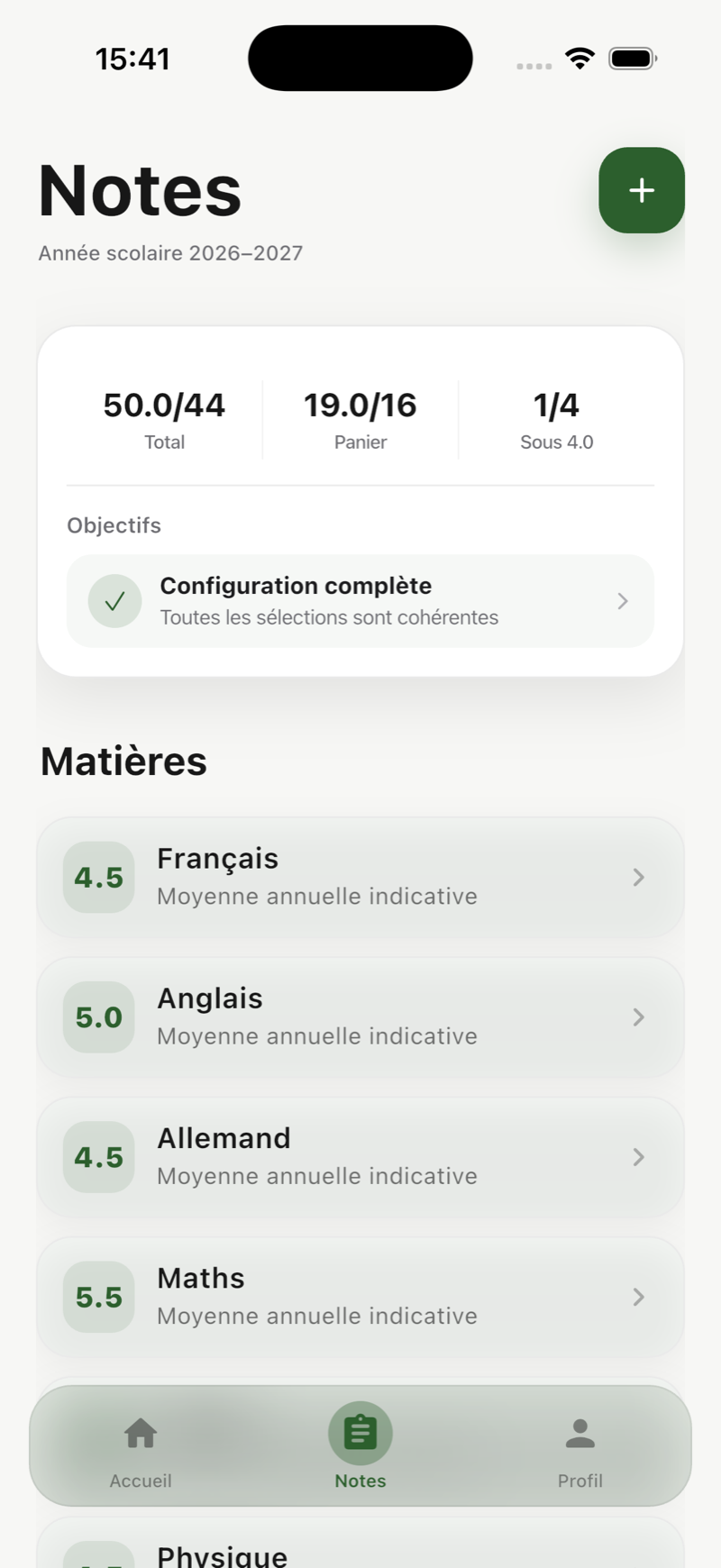 Écran des moyennes dans MyNotes Maturité