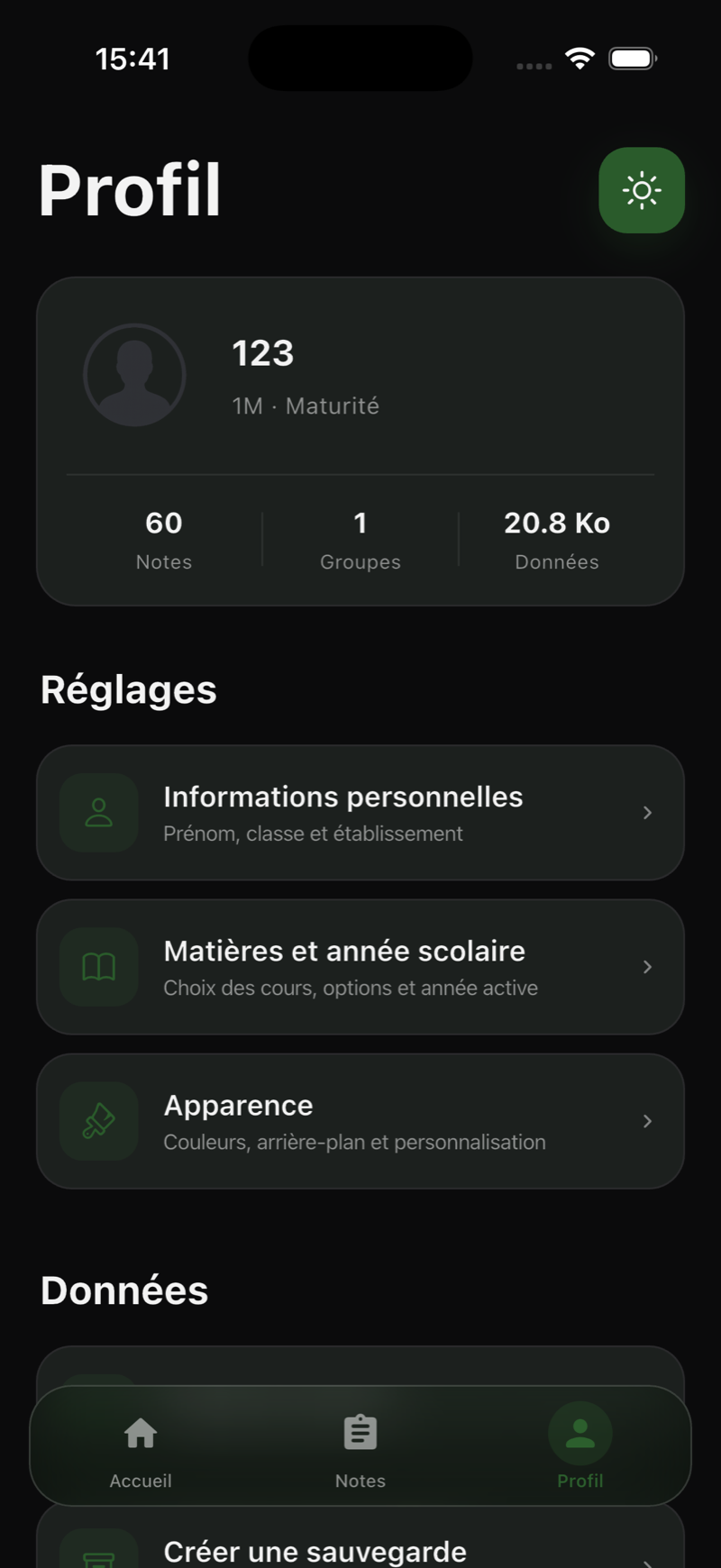 Profil de MyNotes en mode sombre